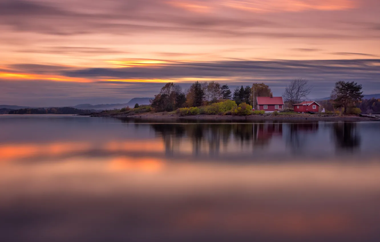 Photo wallpaper trees, sunset, lake, Norway, houses