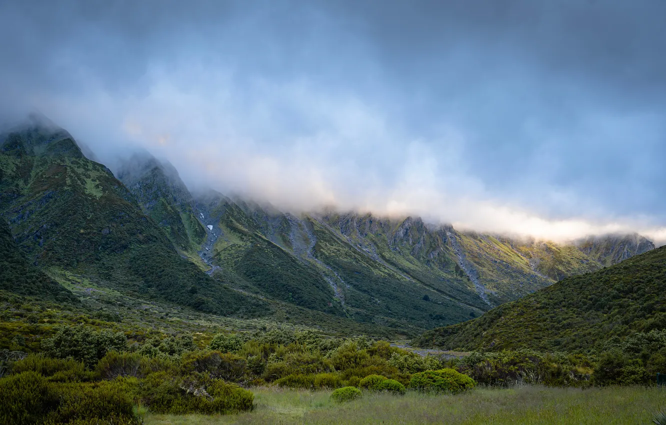 Photo wallpaper clouds, mountains, New Zealand