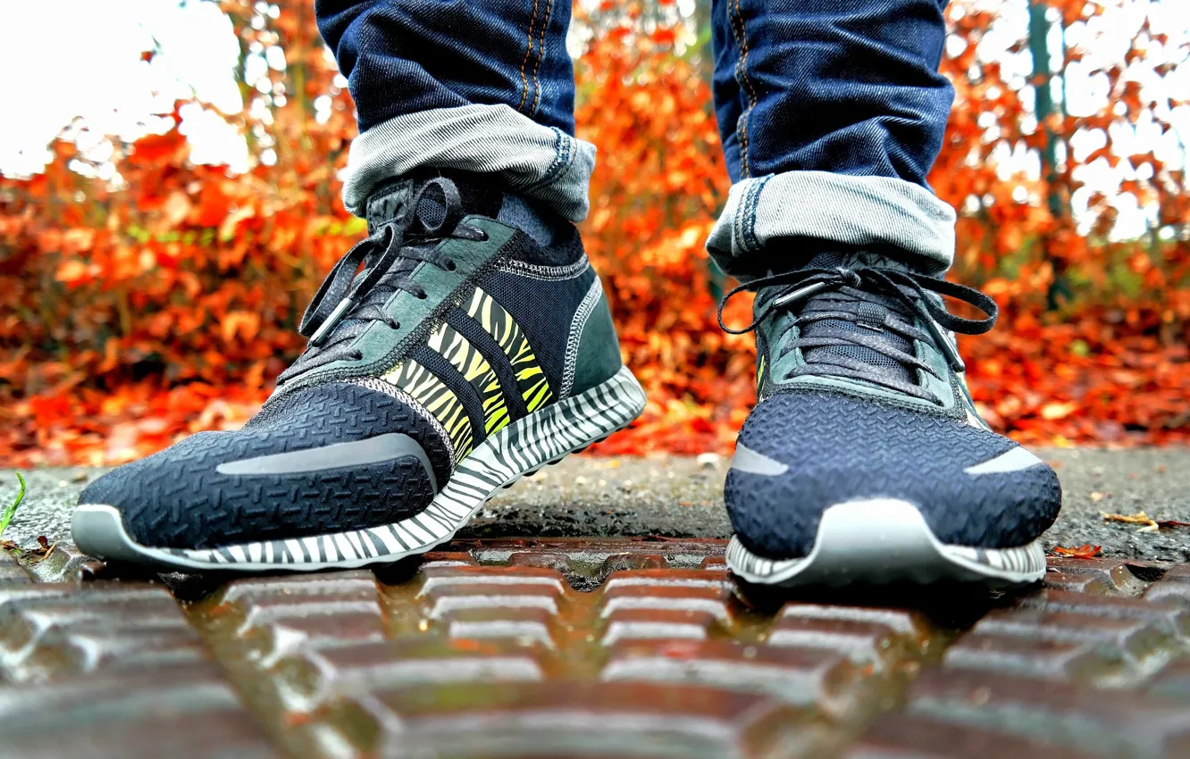 Photo wallpaper autumn, nature, style, feet, foliage, shoes, jeans, the bushes