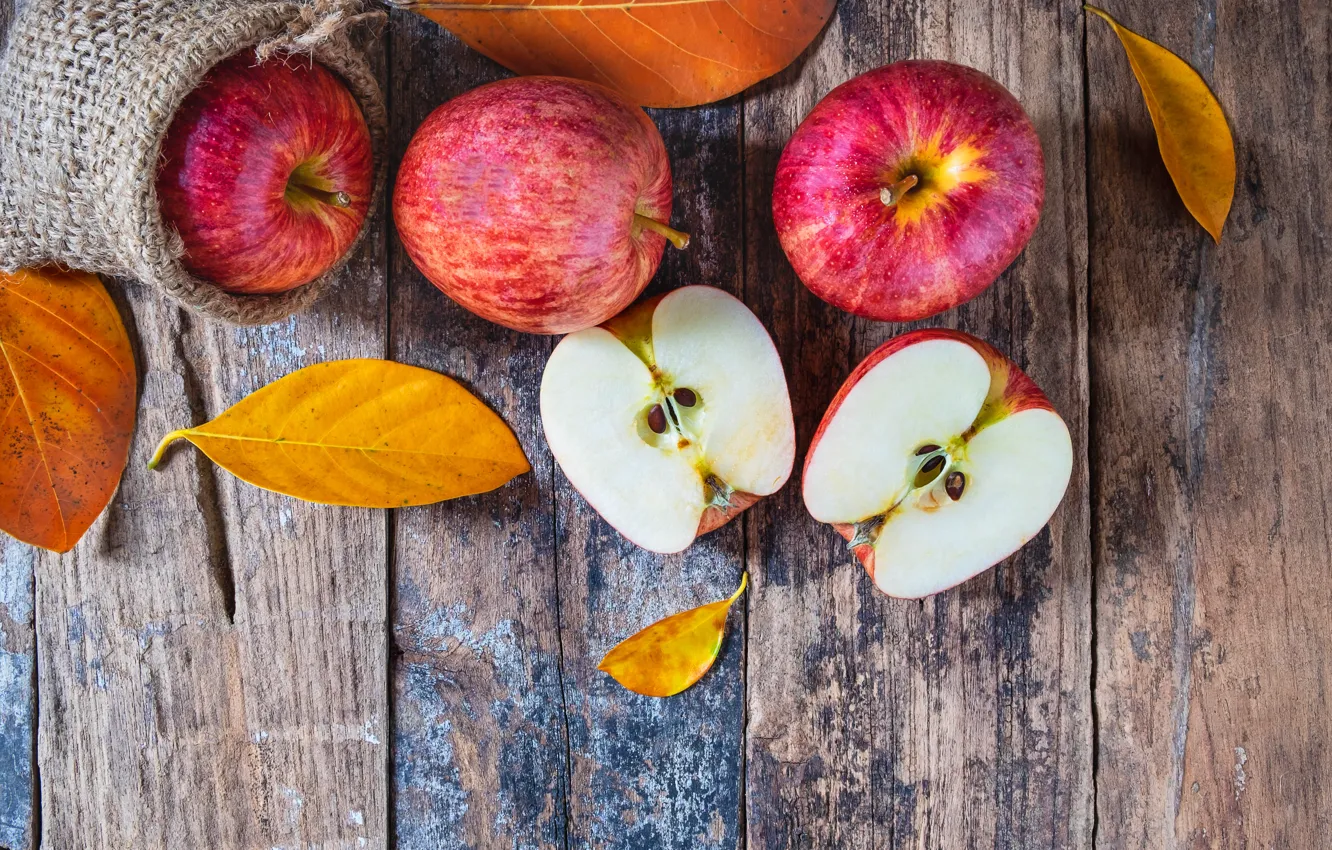 Photo wallpaper autumn, leaves, apples, wood, autumn, leaves, fruits, autumn
