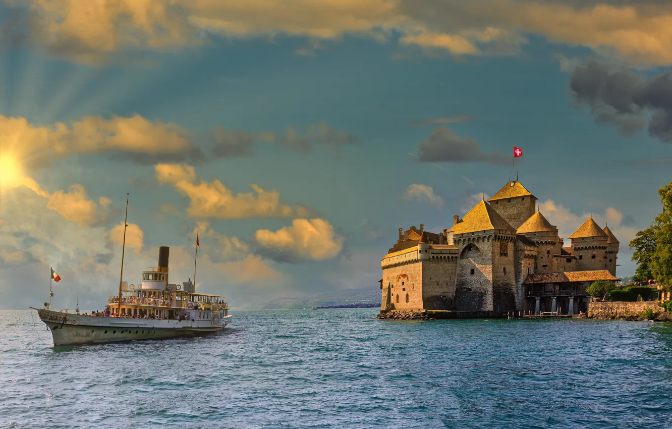 Photo wallpaper landscape, lake, castle, ship, Switzerland, tower, Lake Geneva, Chillon