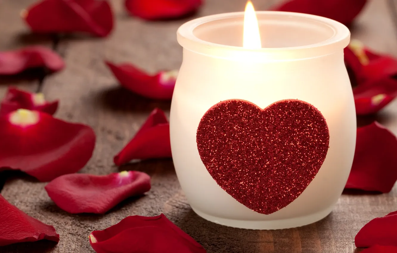 Photo wallpaper lights, mood, flame, heart, candles, petals, tulips