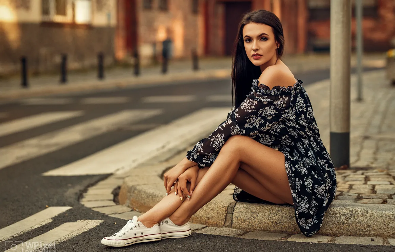 Photo wallpaper look, girl, pose, street, sneakers, dress, legs, Wojtek Polaczkiewicz
