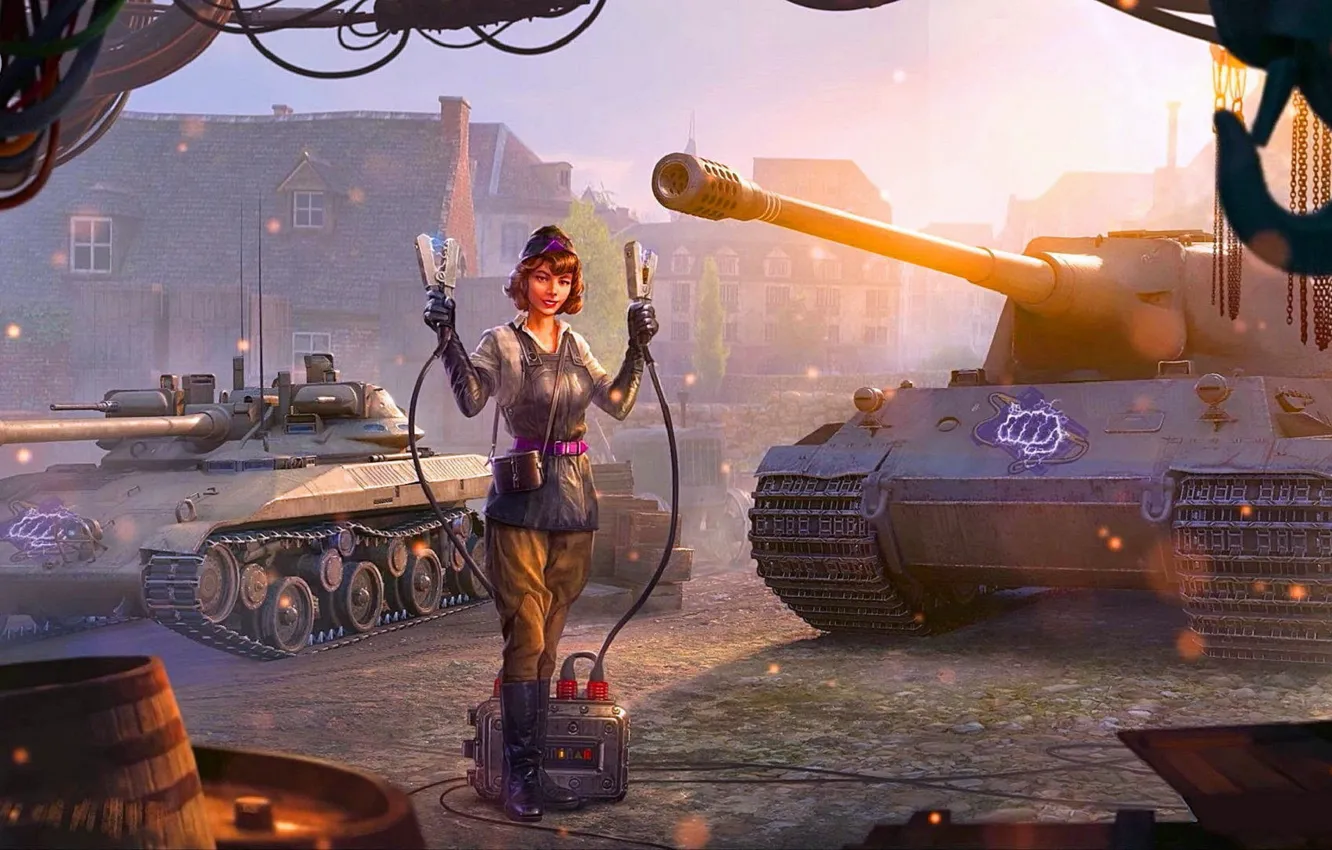 Photo wallpaper Girl, Smile, Soldiers, Tanks, World of tanks, World of Tanks, High voltage, 2021