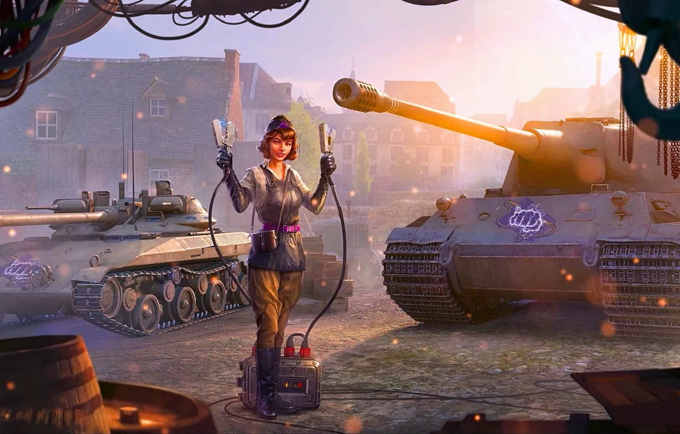 Photo wallpaper girl, smile, soldiers, tank, high voltage, World of Tanks, World Of Tanks, High voltage