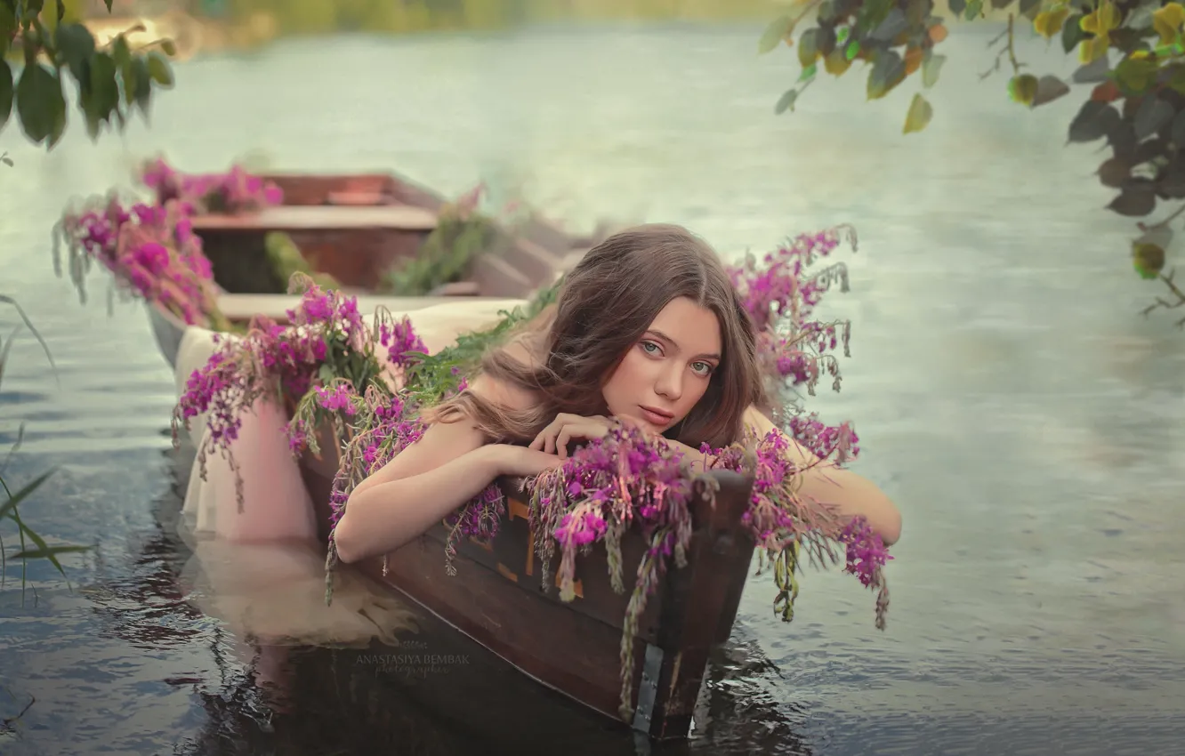 Photo wallpaper water, girl, flowers, face, pose, mood, boat, Pauline