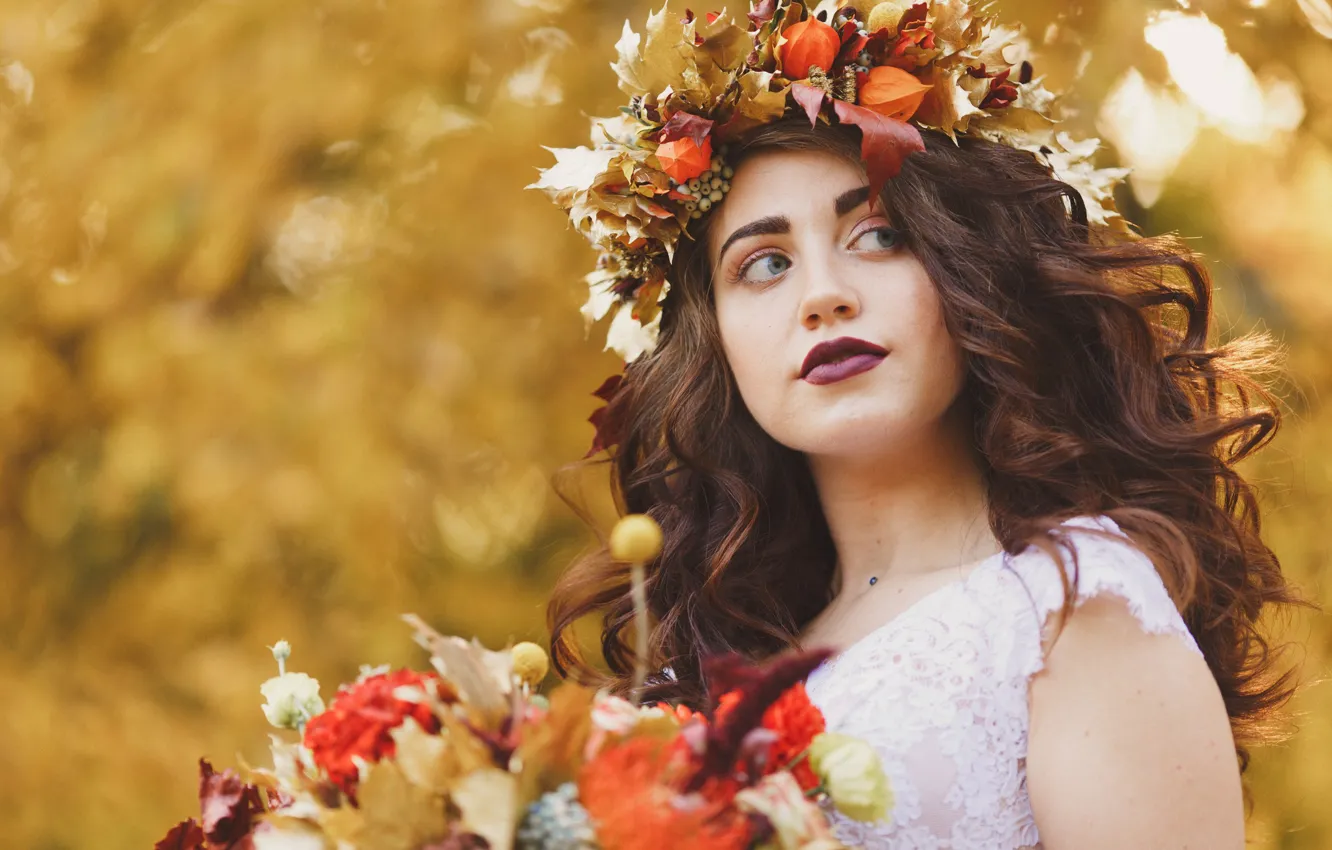 Photo wallpaper Girl, Look, Autumn, Girl, Bouquet, Light, Autumn