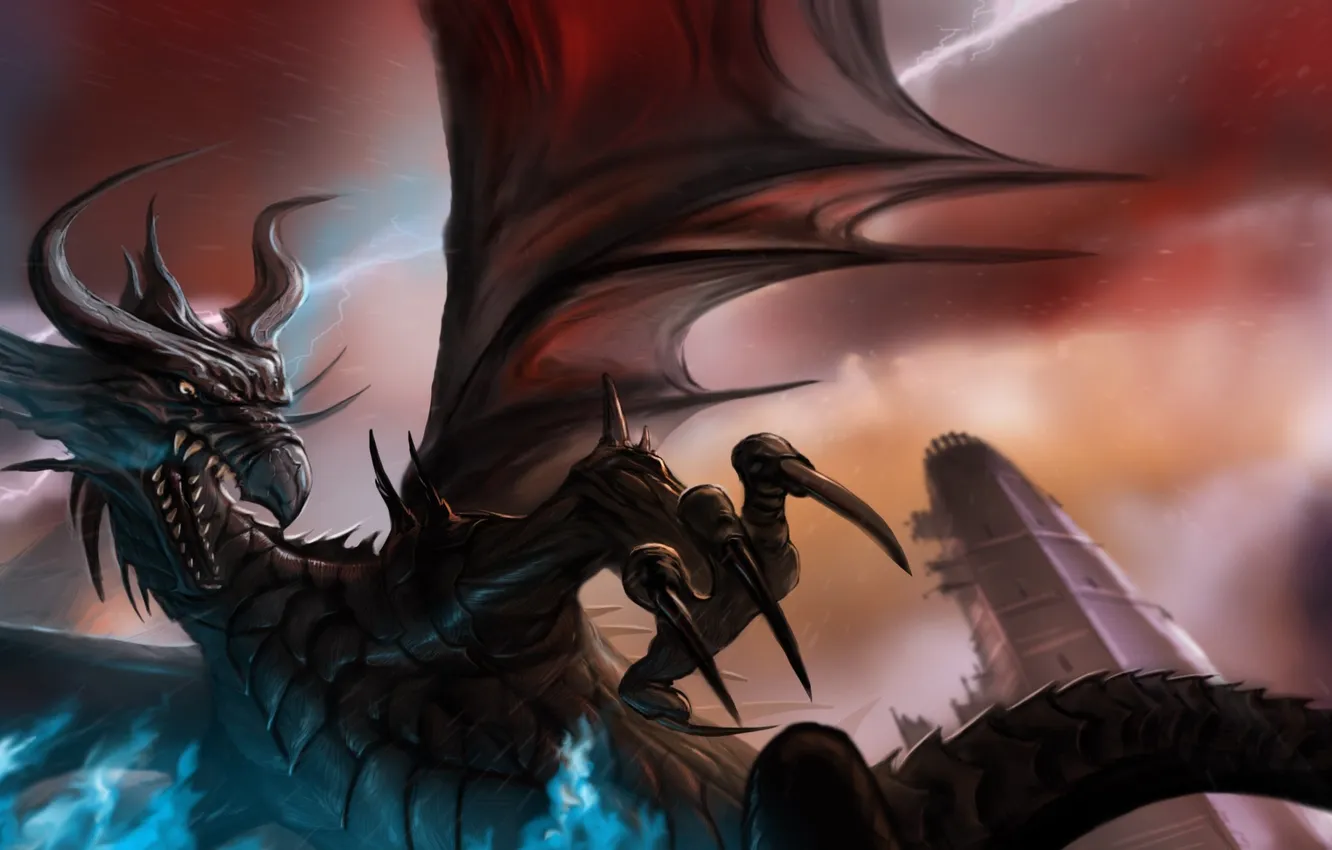 Photo wallpaper magic, lightning, dragon, wings, art