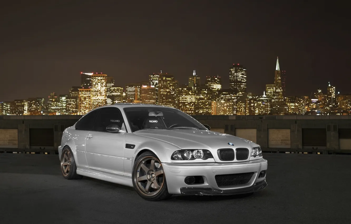 Photo wallpaper roof, the sky, BMW, coupe, BMW, night city, front view, E46