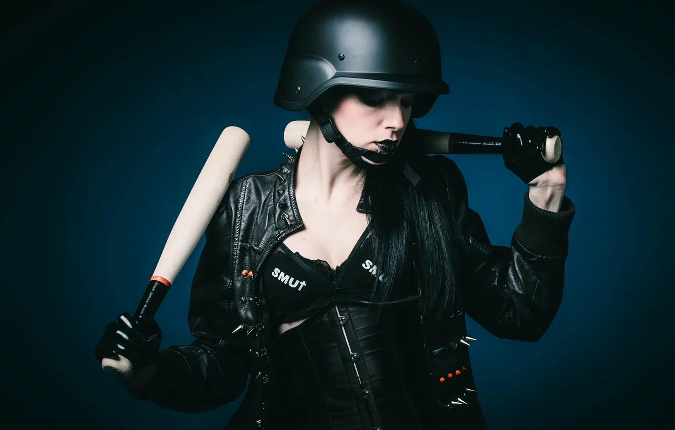 Photo wallpaper girl, face, background, helmet, leather jacket, baseball bats