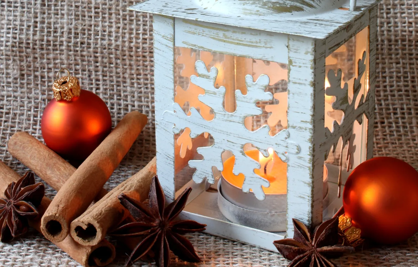 Photo wallpaper balls, light, snowflakes, red, holiday, sticks, candles, lights