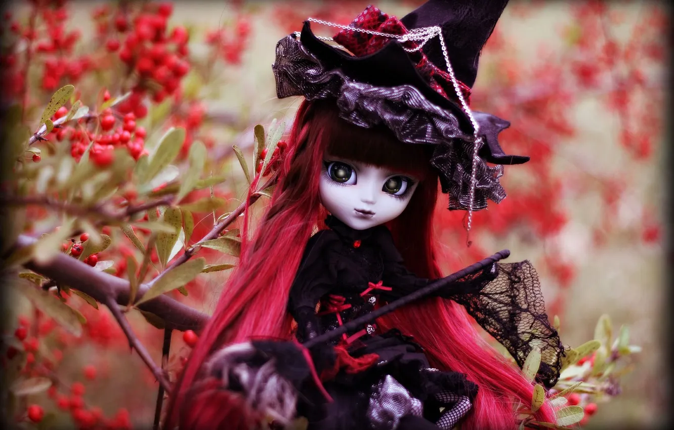 Photo wallpaper Gothic, toy, hat, doll, dress, long hair, hotesse