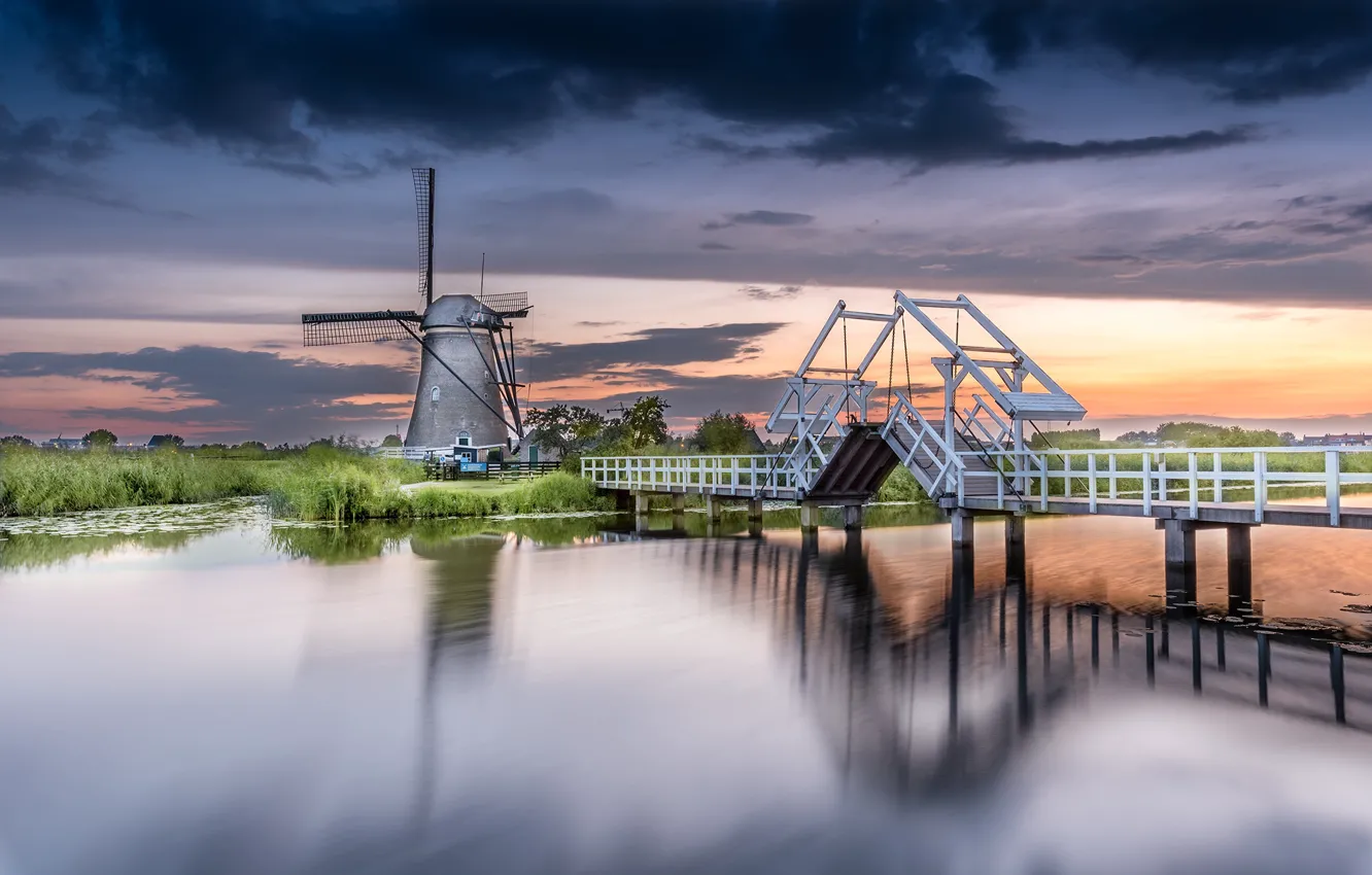 Photo wallpaper water, landscape, bridge, nature, village, mill, Netherlands, Kinderdijk