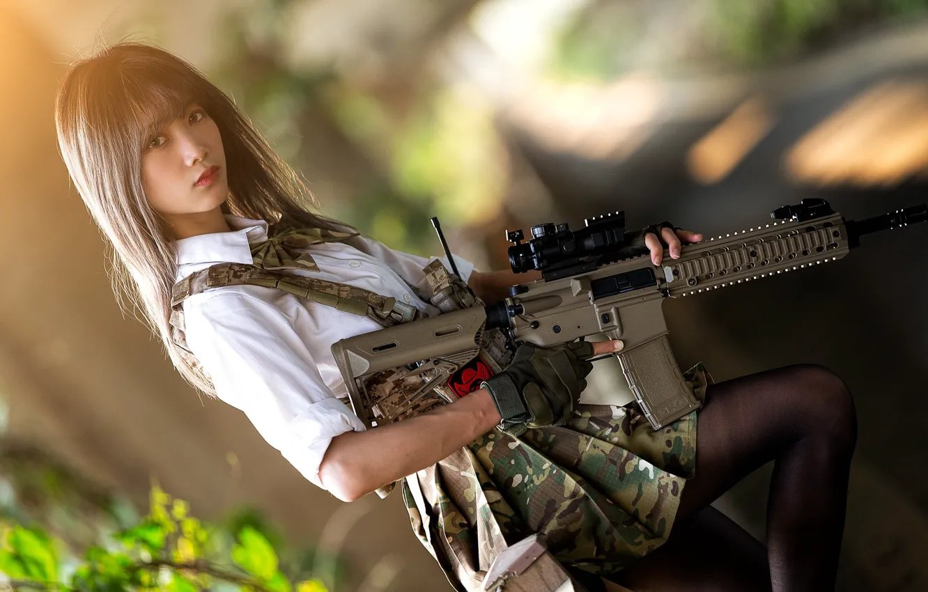 Photo wallpaper summer, girl, cutie, assault rifle