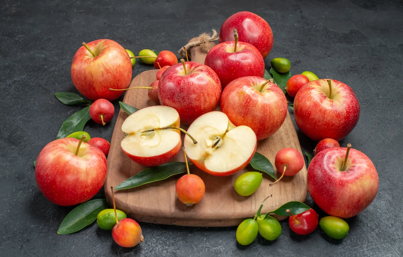 Photo wallpaper leaves, red, table, apples, citrus, fruit, placer, kitaika