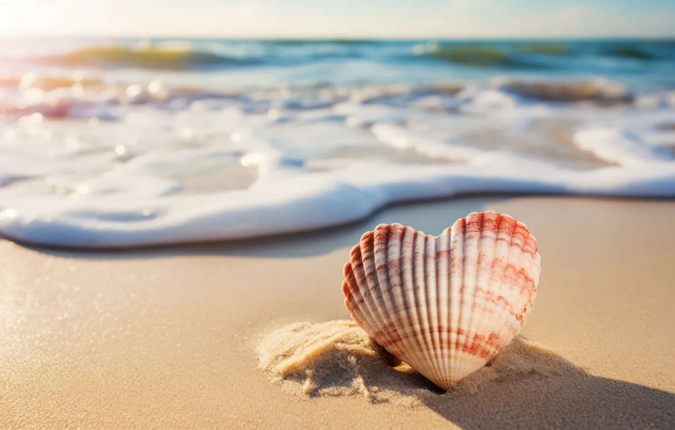 Photo wallpaper sea, beach, the ocean, shore, shell, seashells, seashell, AI art