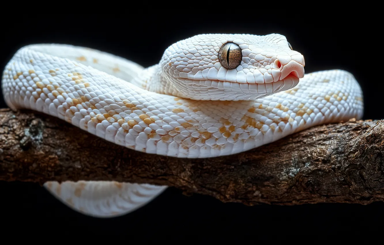 Photo wallpaper white, look, trees, snake, Python, black background, reptile, AI art