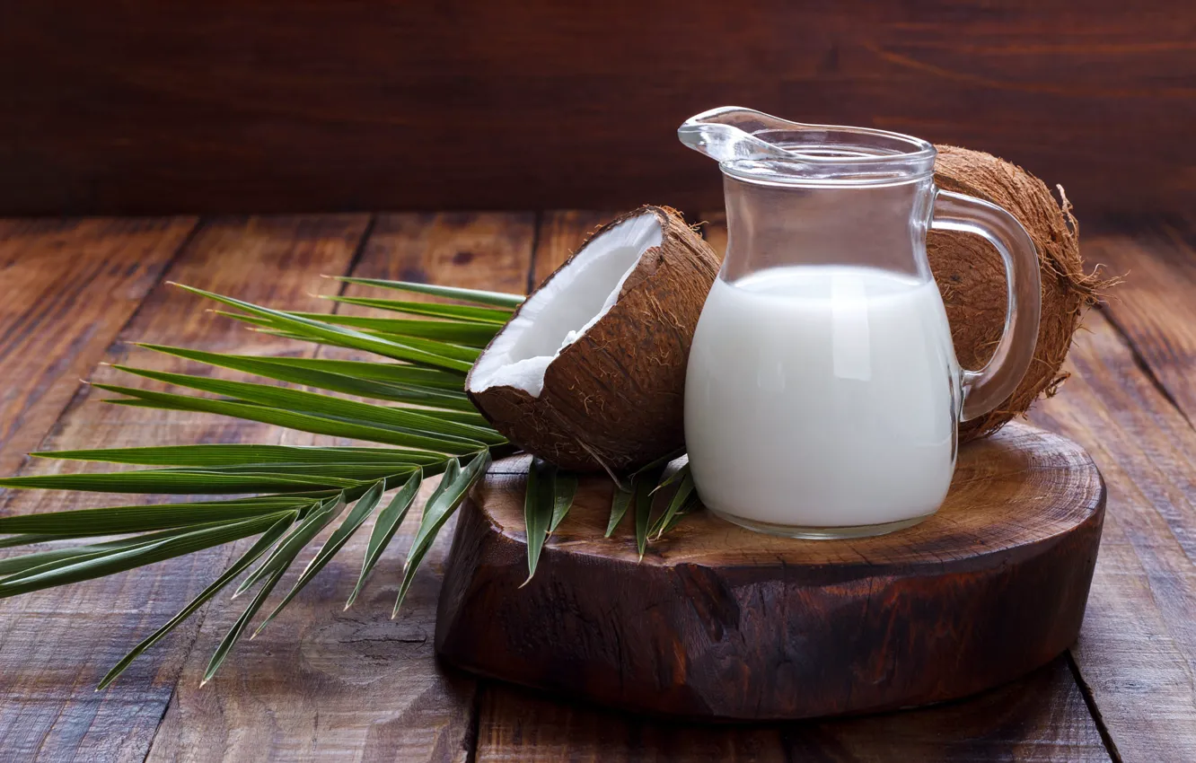 Photo wallpaper leaves, trees, Board, coconut, milk, drink, pitcher, stand