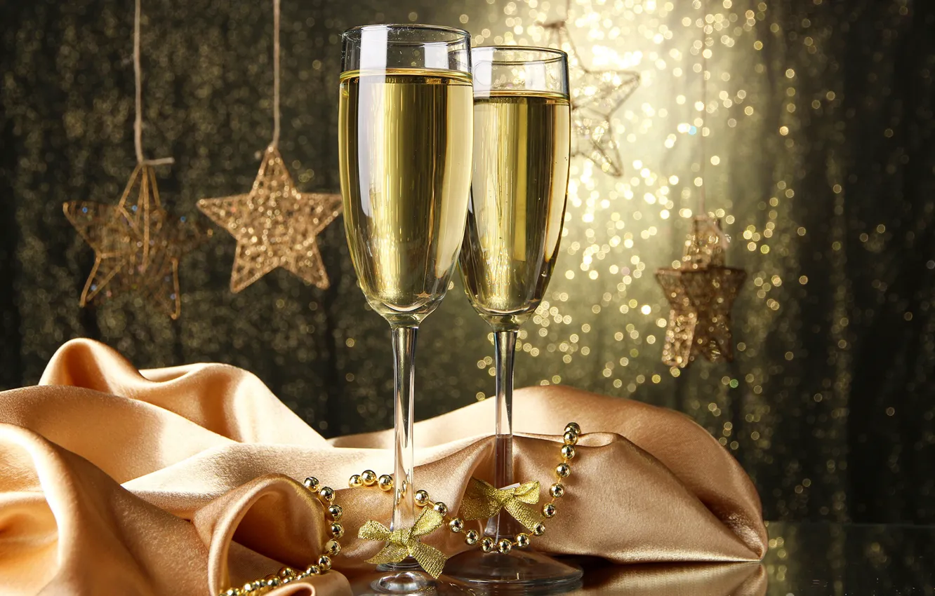 Photo wallpaper stars, Shine, new year, glasses, beads, champagne, 2018