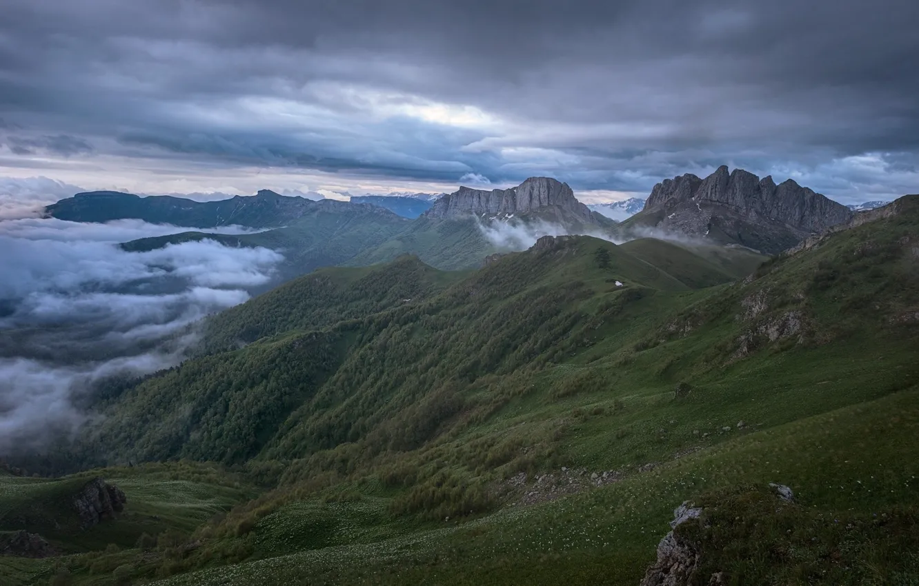 Photo wallpaper the sky, trees, mountains, clouds, nature, fog, rocks