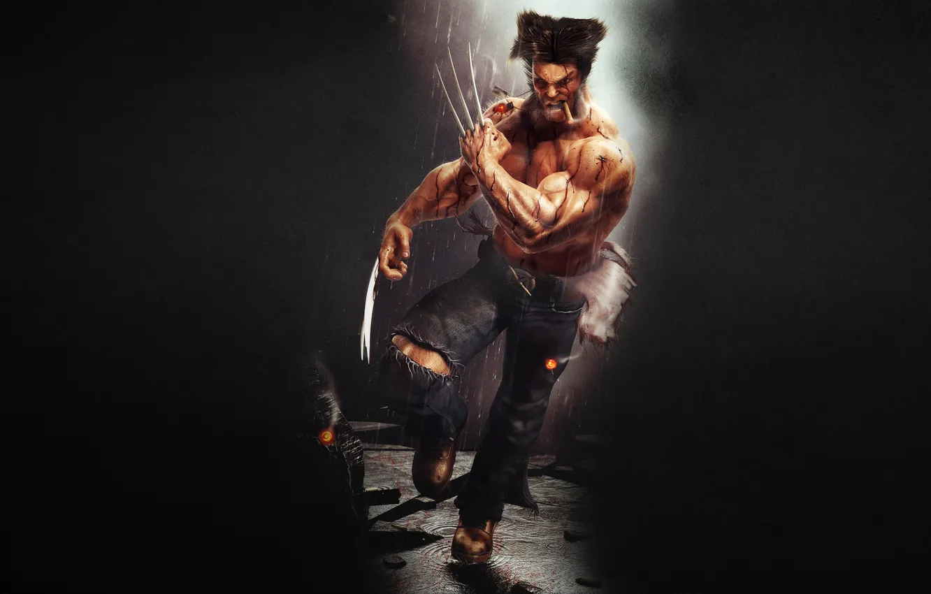 Photo wallpaper the dark background, rain, running, claws, cigar, evil, Wolverine, Logan