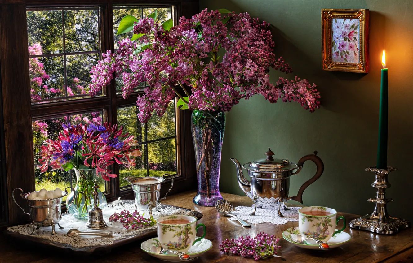 Photo wallpaper flowers, style, candle, kettle, the tea party, Cup, vase, mugs