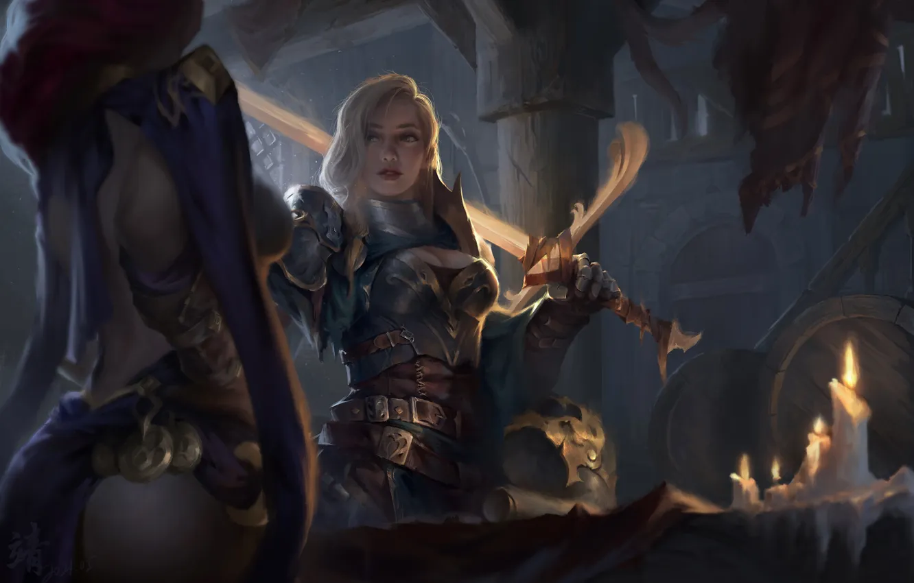 Photo wallpaper girl, sword, fantasy, armor, digital art, artwork, warrior, candle