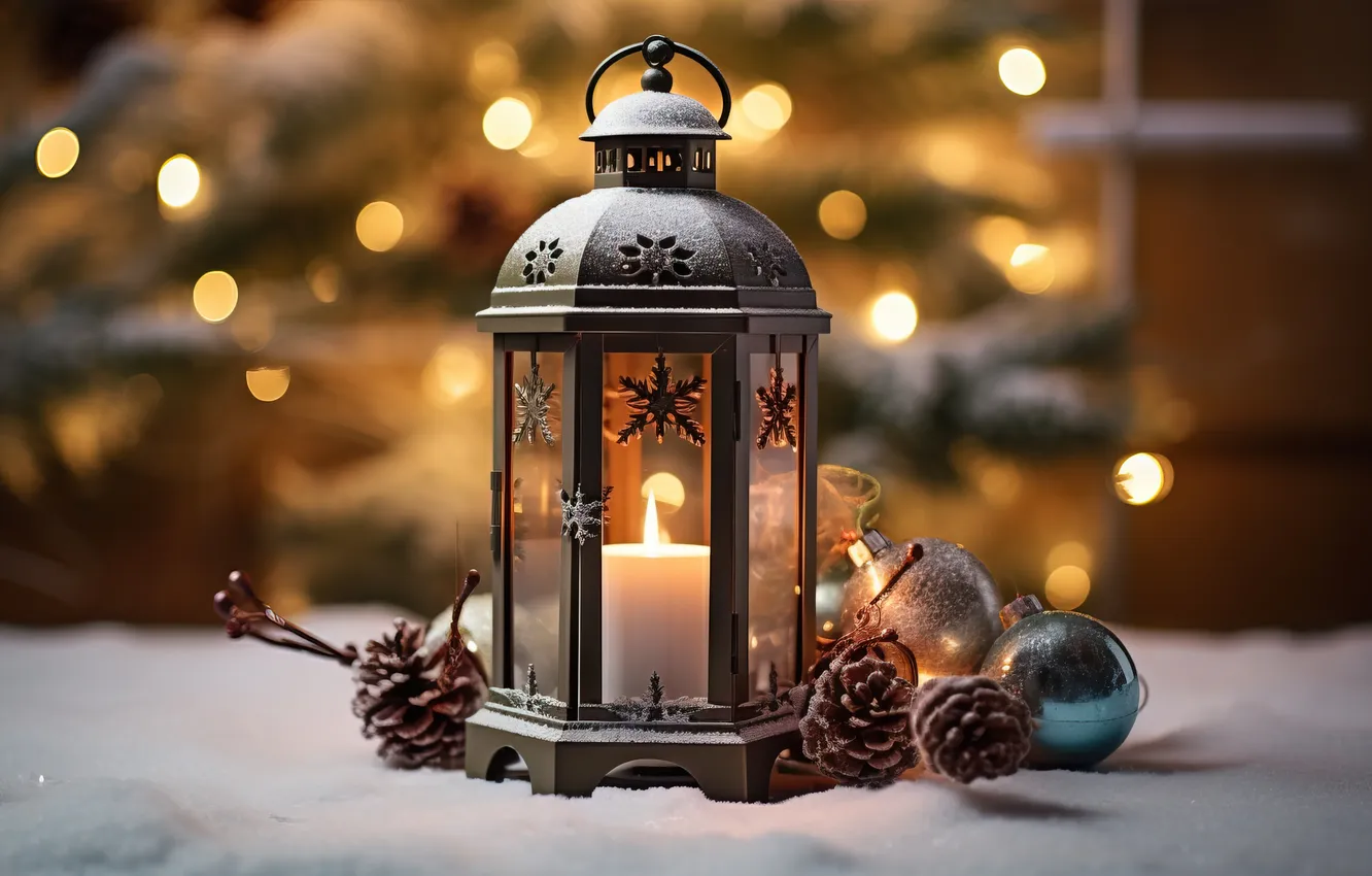 Photo wallpaper winter, snow, night, new year, Christmas, lights, Christmas, night