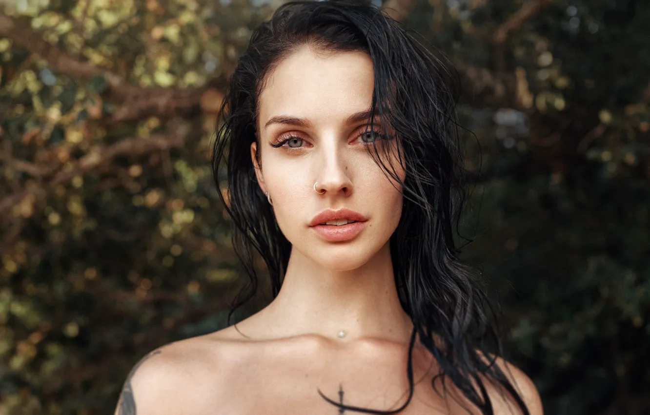 Photo wallpaper girl, close-up, portrait, piercing, brunette, tattoo, George Chernyadev, Alla Berger