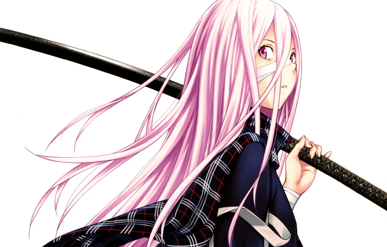 Photo wallpaper katana, scarf, white background, schoolgirl, bandages, pink hair, School wars, Ikki Tousen