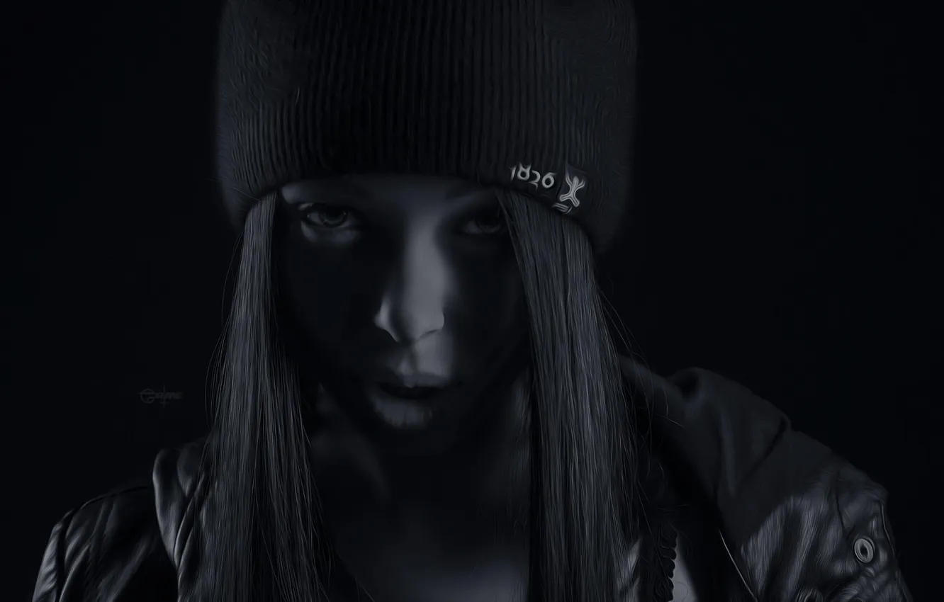 Photo wallpaper look, girl, sexy, darkness, hat, portrait, b/W, lips