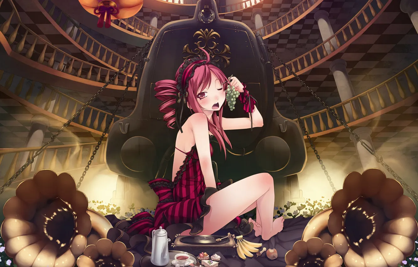 Photo wallpaper girl, art, chain, grapes, bananas, railings, balcony, fruit