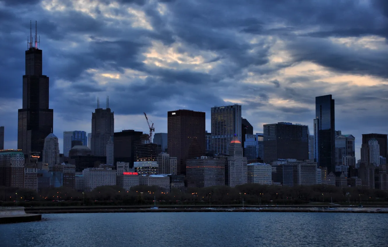 Photo wallpaper the sky, clouds, building, skyscrapers, the evening, USA, America, Chicago