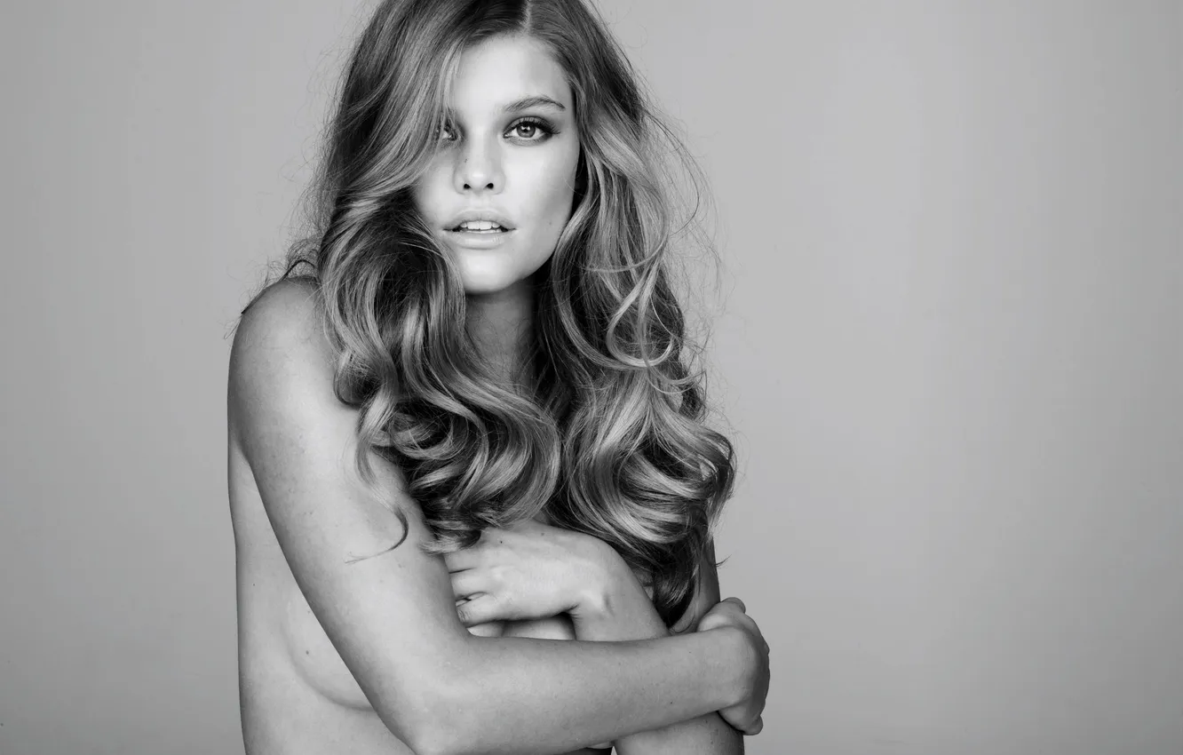 Photo wallpaper chest, girl, model, hands, brown hair, grey background, curls, model