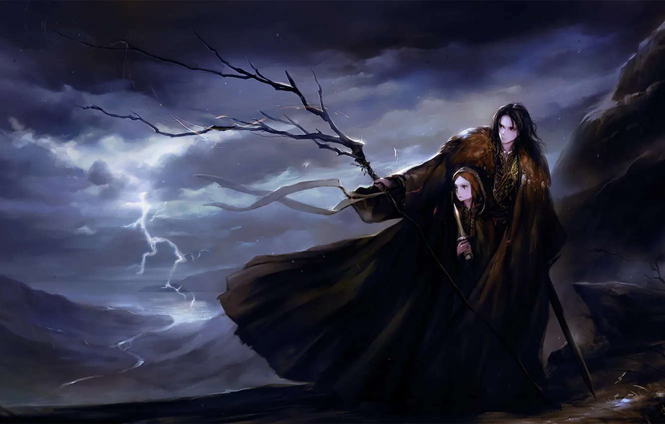Photo wallpaper girl, lightning, sword, valley, guy