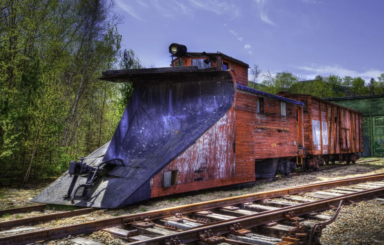 Photo wallpaper road, rails, train, the engine, cars, iron, wooden, sleepers