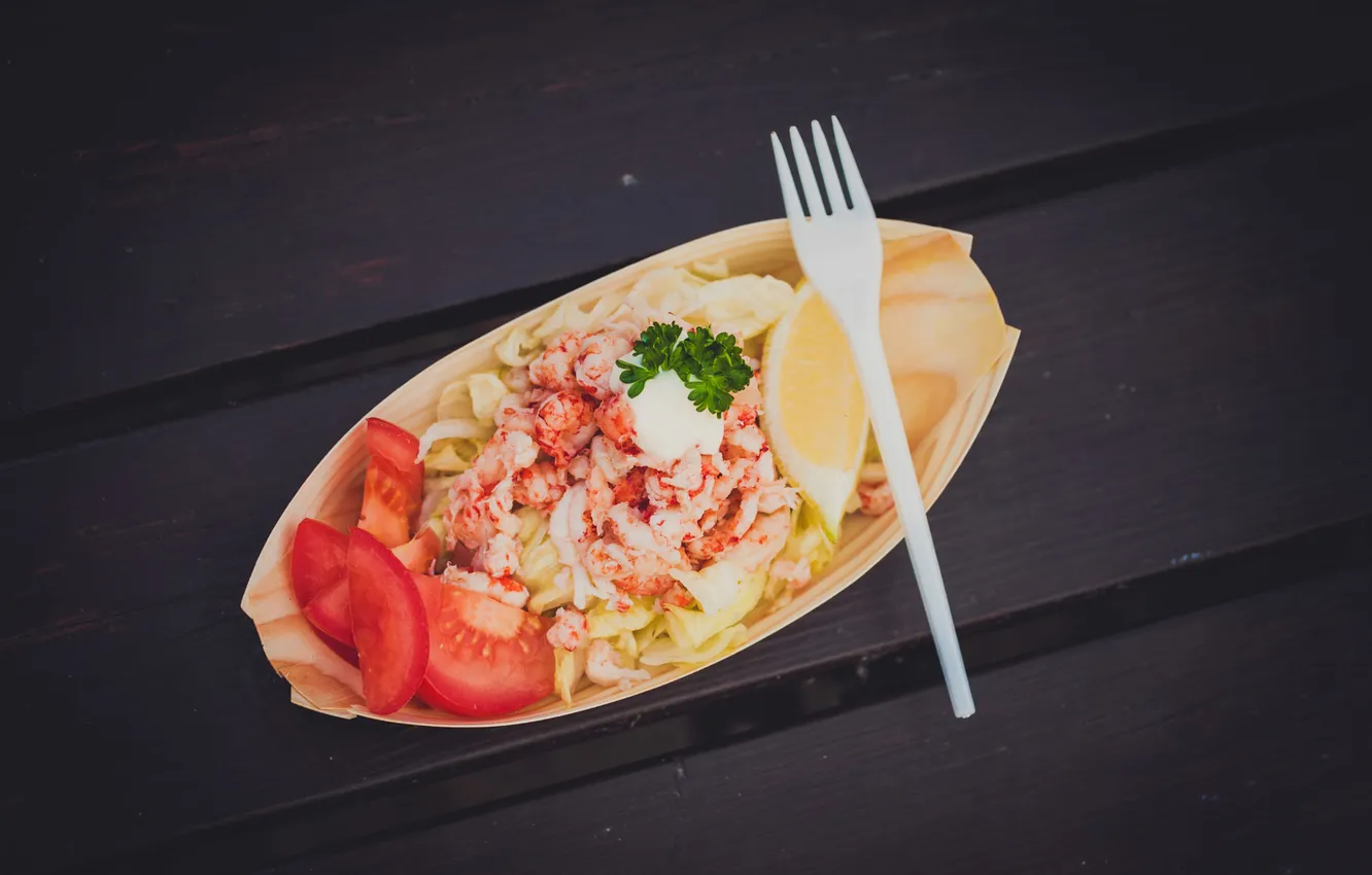 Photo wallpaper lemon, tomatoes, shrimp