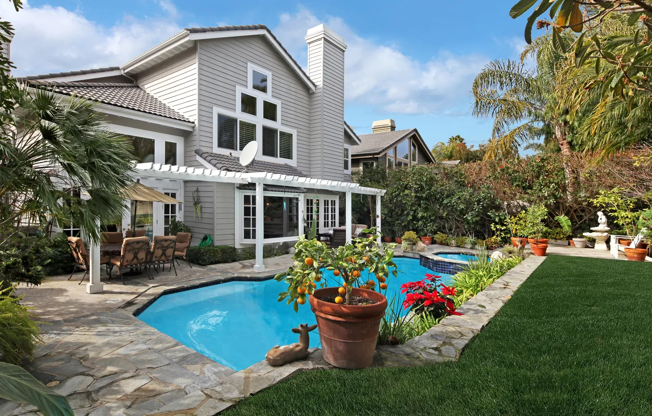 Photo wallpaper trees, flowers, design, lawn, Villa, home, pool, garden