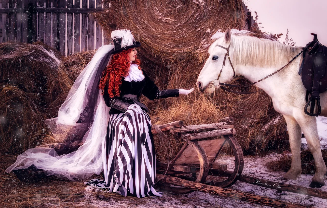 Photo wallpaper girl, snow, horse, hair, horse, hat, hay, outfit