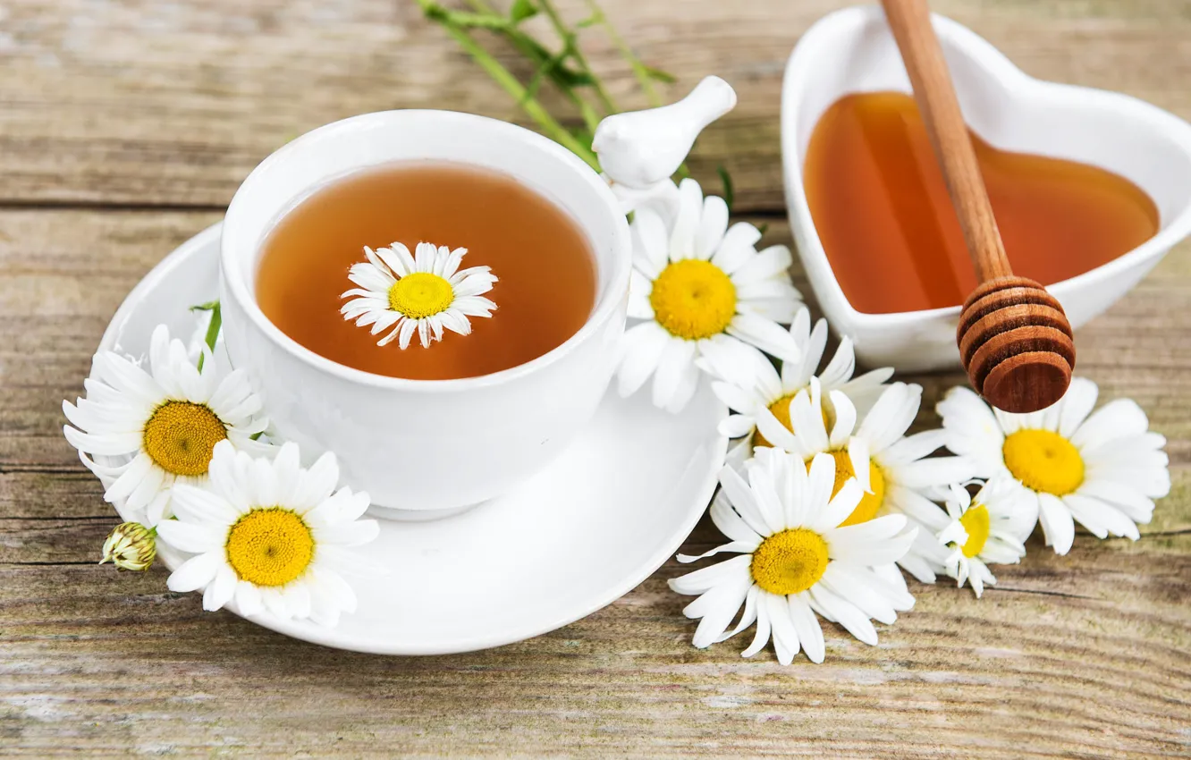 Photo wallpaper flowers, tea, heart, chamomile, bouquet, honey, Cup, bowl