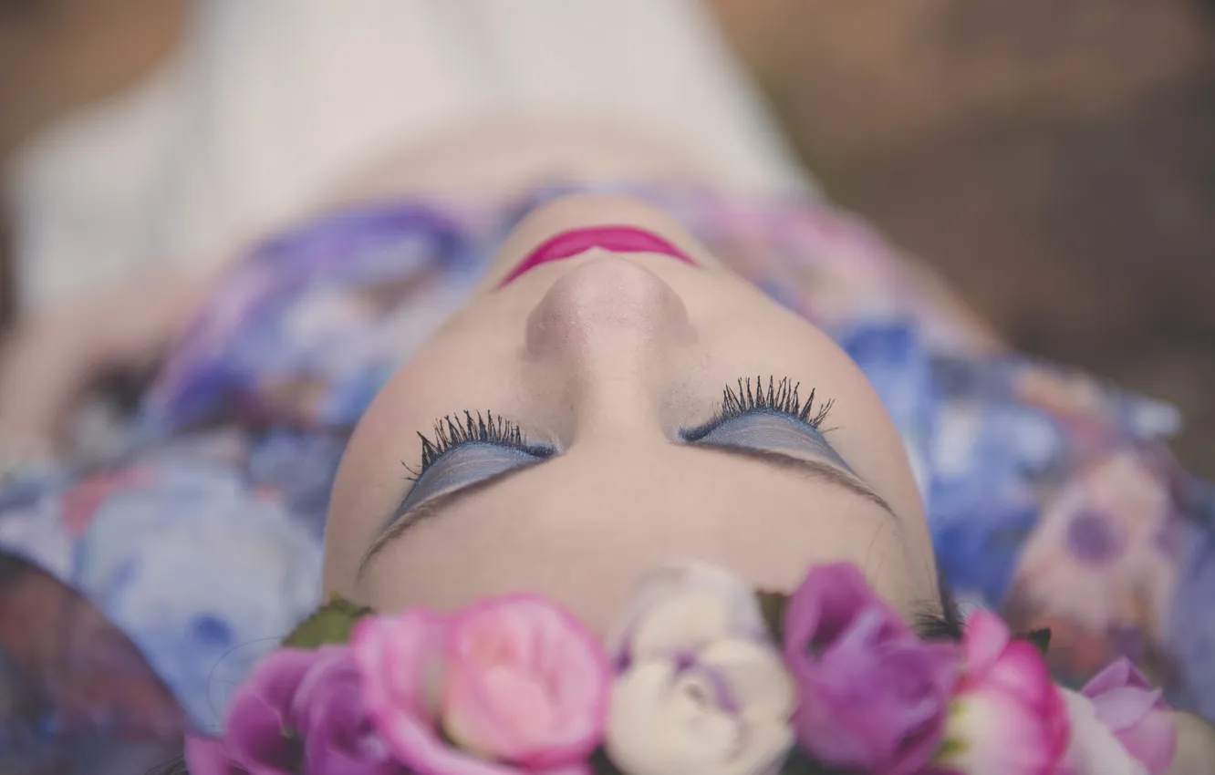 Photo wallpaper girl, face, eyelashes, makeup, wreath