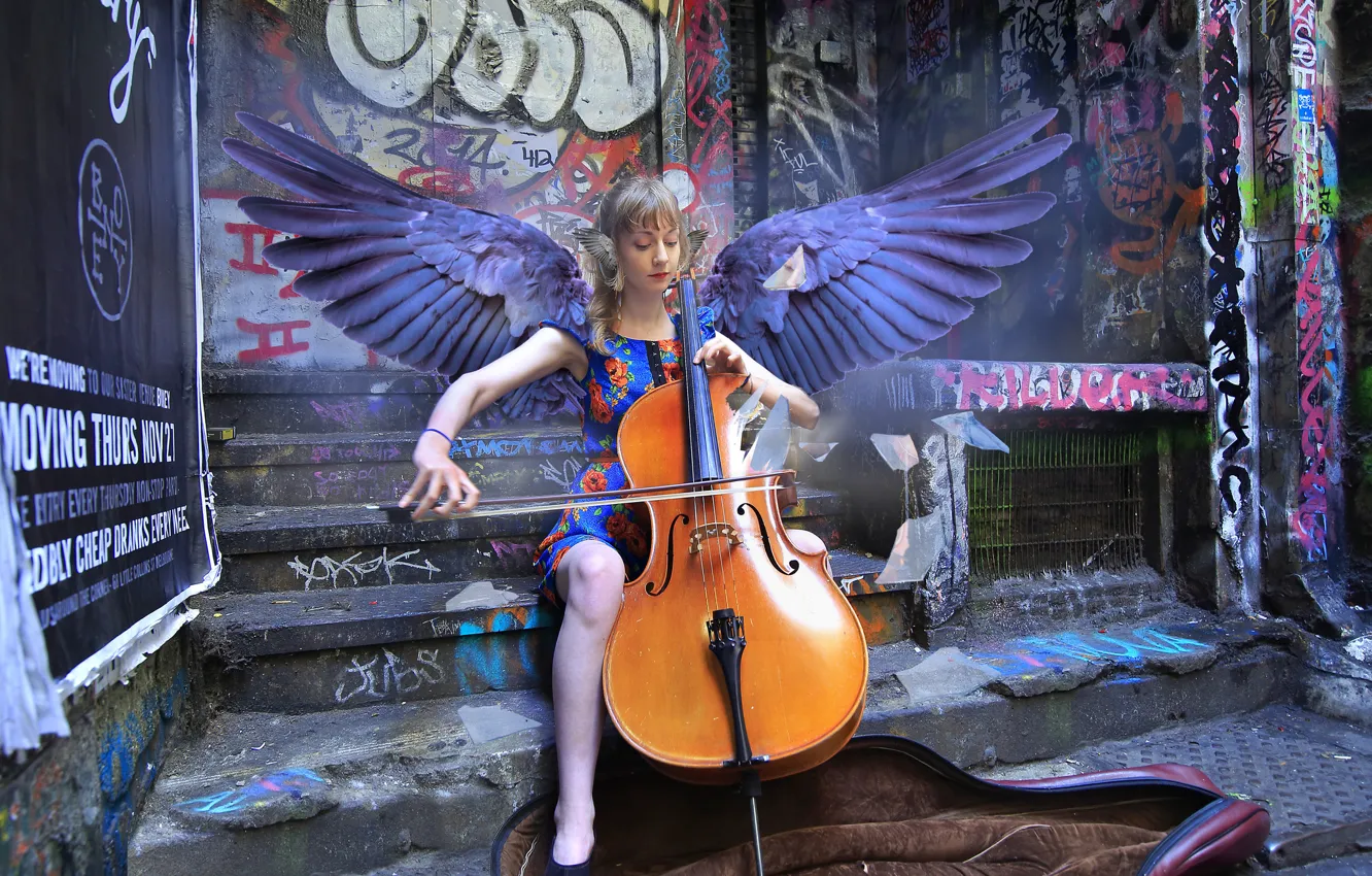 Photo wallpaper girl, wings, cello