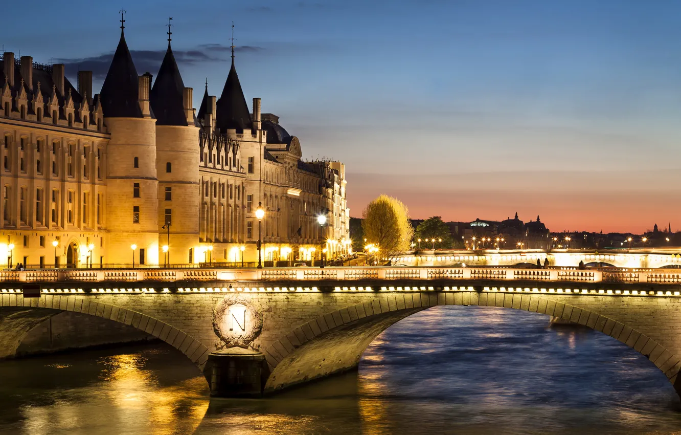 Photo wallpaper sunset, bridge, lights, river, France, Paris, home, the evening