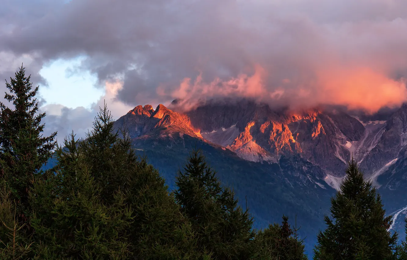 Photo wallpaper clouds, trees, mountains