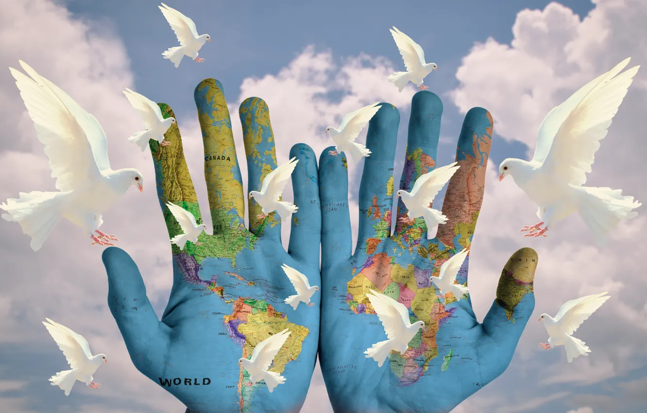 Photo wallpaper clouds, the world, calm, map, pigeons, palm, no wars