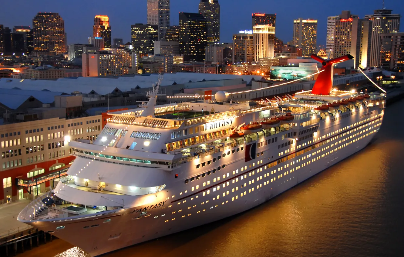 Photo wallpaper photo, Night, Pier, Ship, Carnival Fantasy, Cruise liner