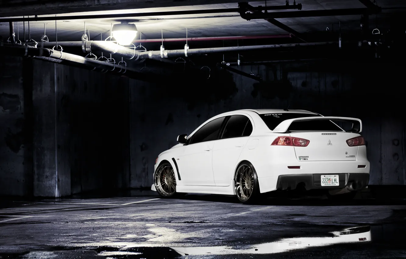 Photo wallpaper white, pipe, tuning, lamp, white, mitsubishi, lancer, evolution