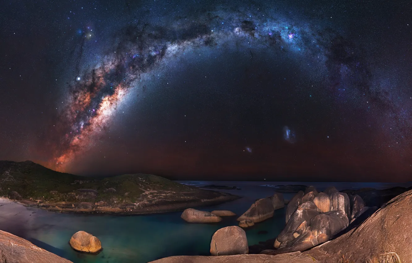 Photo wallpaper sea, stars, night, stones, shore, the milky way, starry sky