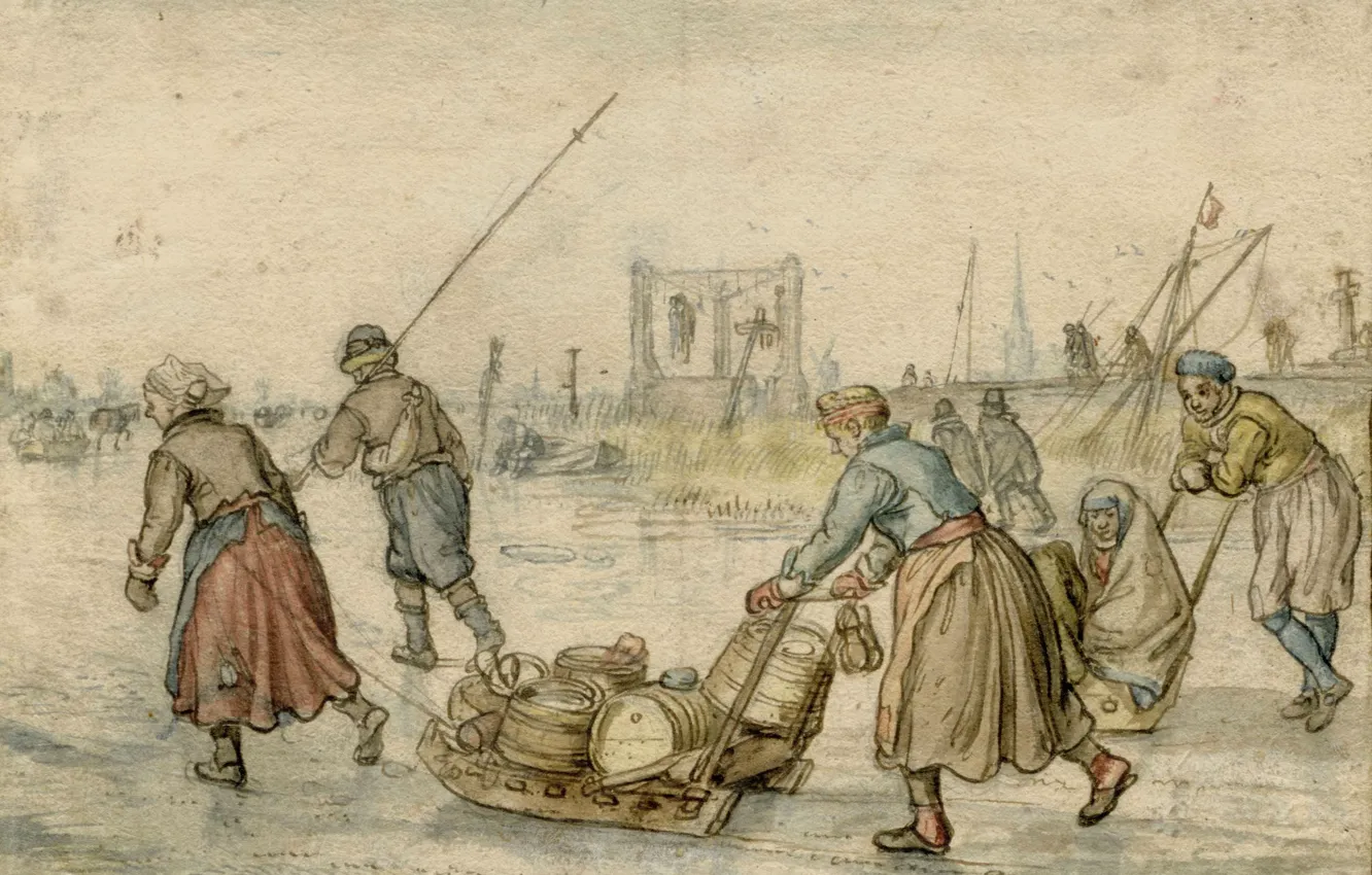 Photo wallpaper figure, Hendrick Avercamp, Hendrick Avercamp, 1595, Farmers and runners skating on the ice