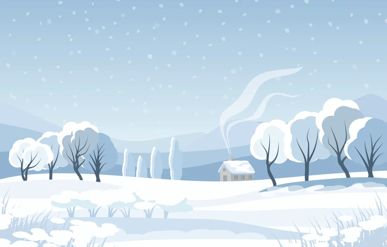 Photo wallpaper winter, field, forest, the sky, snow, trees, mountains, house